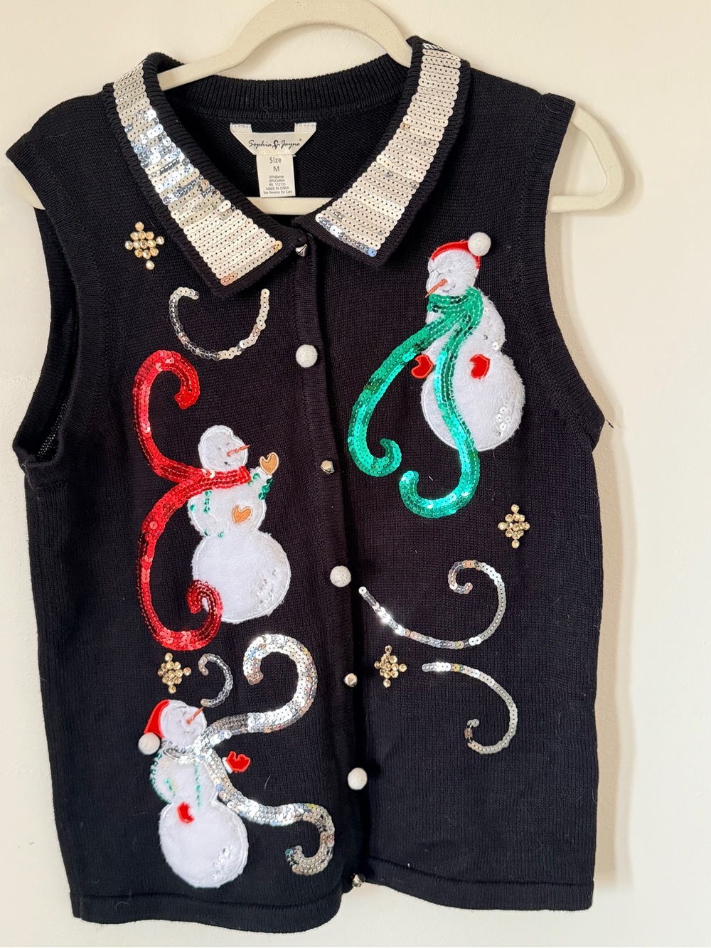 Sequin Collar Black V-Neck Sweater Vest with Festive Snowman Appliqués